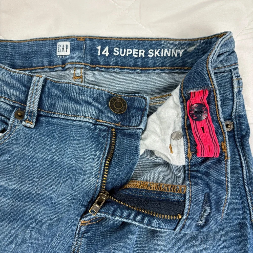 GAP‎ Girls Super Skinny Jeans Size 14 Adjustable Blue Stretch Distressed Denim